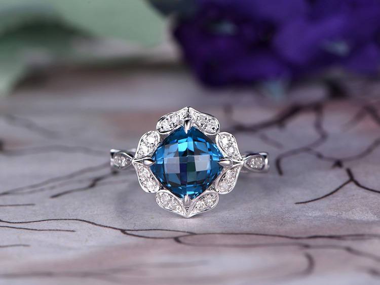 1.50 Carat Cushion Cut London Blue Topaz and Diamond Art Deco Engagement Ring in White Gold