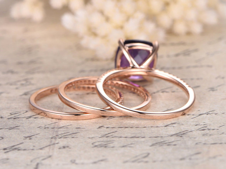 Perfect 2 Carat Cushion Amethyst and Diamond Trio Wedding Bridal Ring Set in Rose Gold