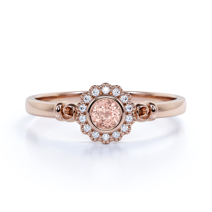 Antique 0.75 Carat Bezel Set Round Morganite & Diamond Halo Wedding Ring in Rose Gold