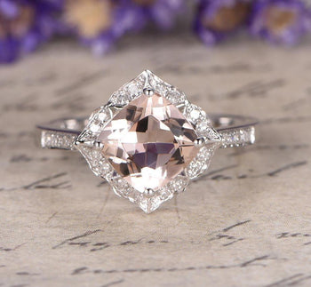 Limited Time Sale: 1.25 Carat Cushion Cut Peach Pink Morganite and Diamond Engagement Ring