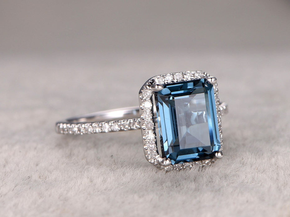 1.50 Carat Emerald Cut London Blue Topaz and Diamond Halo Half Infinity Engagement Ring in White Gold