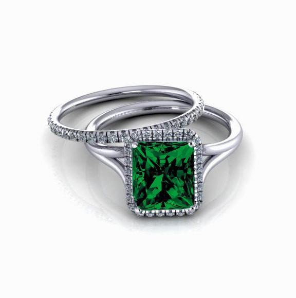 2.00 carat Emerald Cut Emerald and Diamond Halo Bridal Set in White Gold