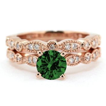 2.00 carat Round Cut Emerald and Diamond Halo Bridal Set in Rose Gold