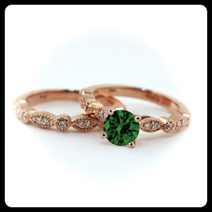 2.00 carat Round Cut Emerald and Diamond Halo Bridal Set in Rose Gold