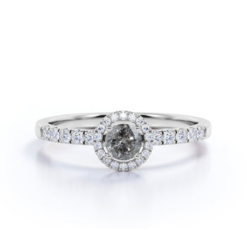 0.65 Carat Round Cut Rustic Salt and Pepper Diamond Pave Halo Engagement Ring in White Gold