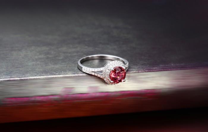 1 Carat Round cut Red Ruby and Diamond Halo Engagement Ring