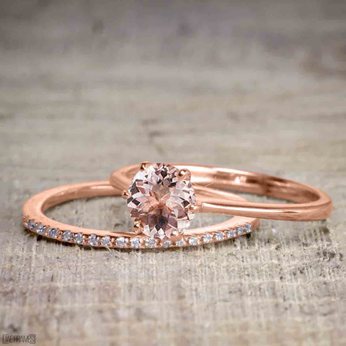 Perfect 1.25 Carat Round Cut Morganite and Diamond Bridal Ring Set in Rose Gold