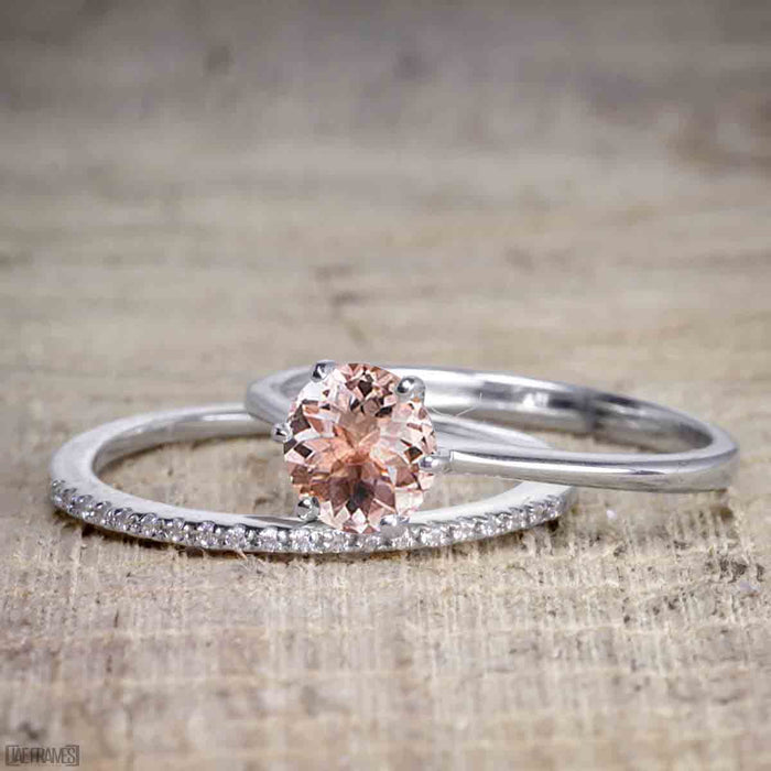 Perfect 1.25 Carat Round Cut Morganite and Diamond Bridal Ring Set in White Gold