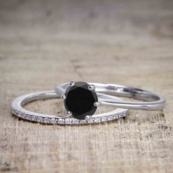 Perfect 1.25 Carat Round Cut Black Diamond Bridal Ring Set in White Gold