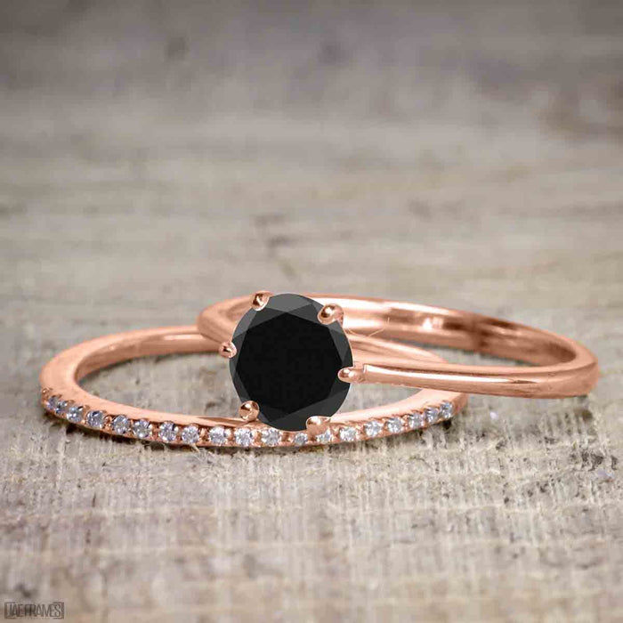 Perfect 1.25 Carat Round Cut Black Diamond Bridal Ring Set in Rose Gold