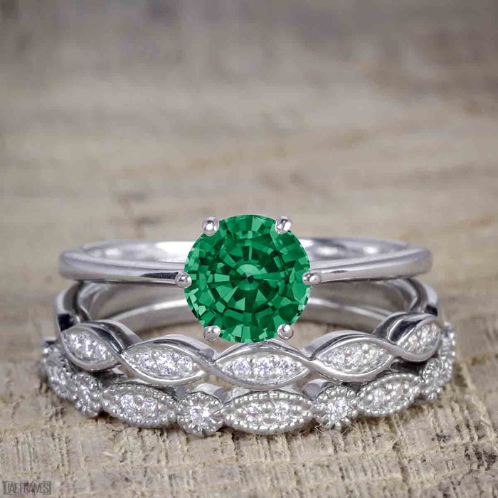 Bestselling 1.50 Carat Round cut Emerald and Diamond Trio Wedding Ring Set in White Gold