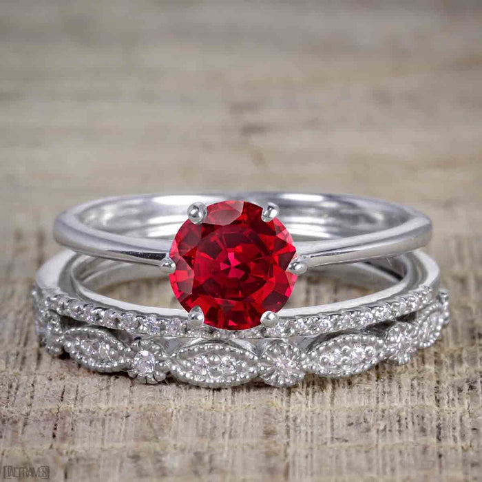Artdeco 1.50 Carat Round cut Ruby and Diamond Trio Wedding Bridal Ring Set White Gold