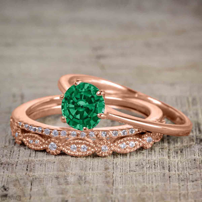 Artdeco 1.50 Carat Round cut Emerald and Diamond Trio Wedding Bridal Ring Set Rose Gold