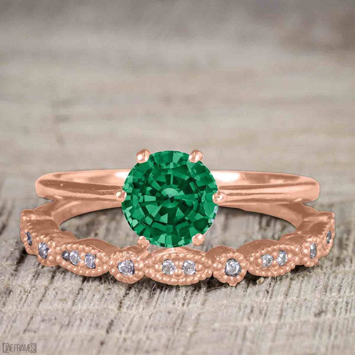 Antique Artdeco 1.25 Round cut Emerald and Diamond Wedding Bridal Set in Rose Gold