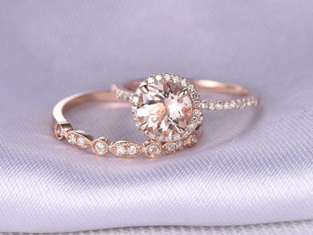 Antique Art Deco 2 Carat Morganite and Diamond Wedding Ring Set in Rose Gold