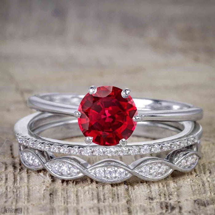 1.50 Carat Round cut Ruby and Diamond Solitaire Trio Wedding Bridal Ring Set in White Gold