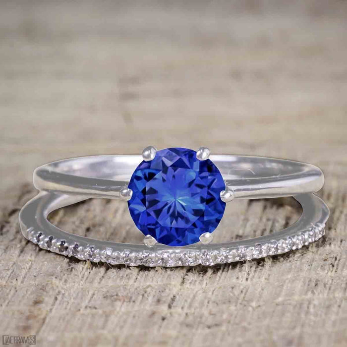 Unique 1.25 Carat Round Cut Sapphire and Diamond Bridal Ring Set in White Gold