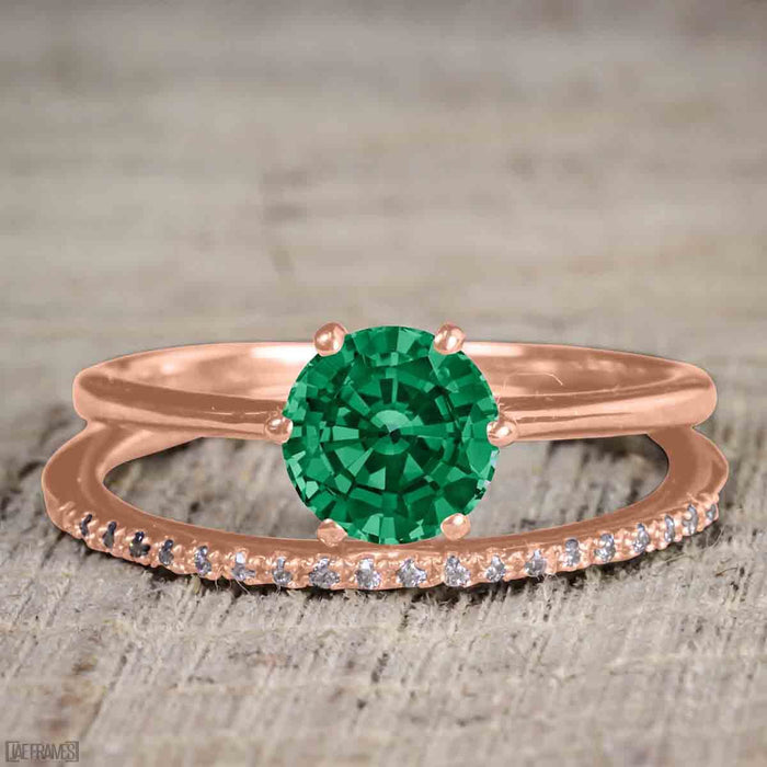 Unique 1.25 Carat Round cut Emerald and Diamond Bridal Set with semi eternity band in Rose Gold