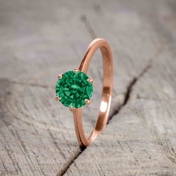 Beautiful 1 Carat Round cut Emerald Solitaire Engagement Ring for Women in Rose Gold