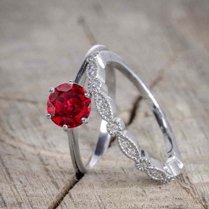 Bestselling 1.50 Carat Wedding Ring Set with Ruby and Diamond for Women in White Gold