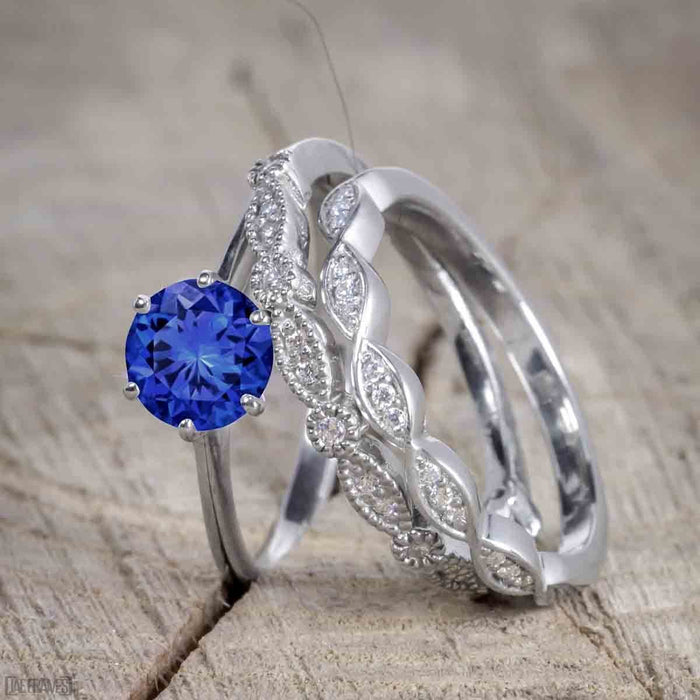 Unique 1.50 Carat Round Cut Sapphire and Diamond Trio Wedding Ring Set in White Gold for Her