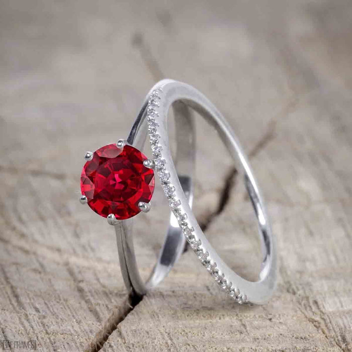 Unique 1.25 Carat Round cut Ruby and Diamond Bridal Set with semi eternity band in White Gold