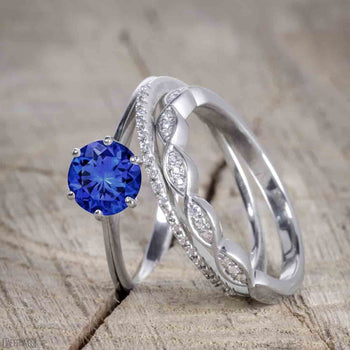 1.50 Carat Round Cut Sapphire and Diamond Trio Wedding Ring Set for Women in White Gold