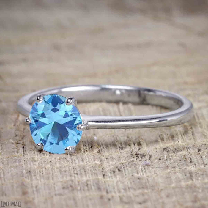 1 Carat Round Cut Aquamarine Solitaire Engagement Ring in White Gold