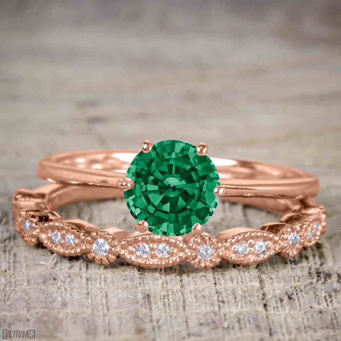 Artdeco 1.25 Carat Round cut Emerald and Diamond Wedding Bridal Ring Set in Rose Gold