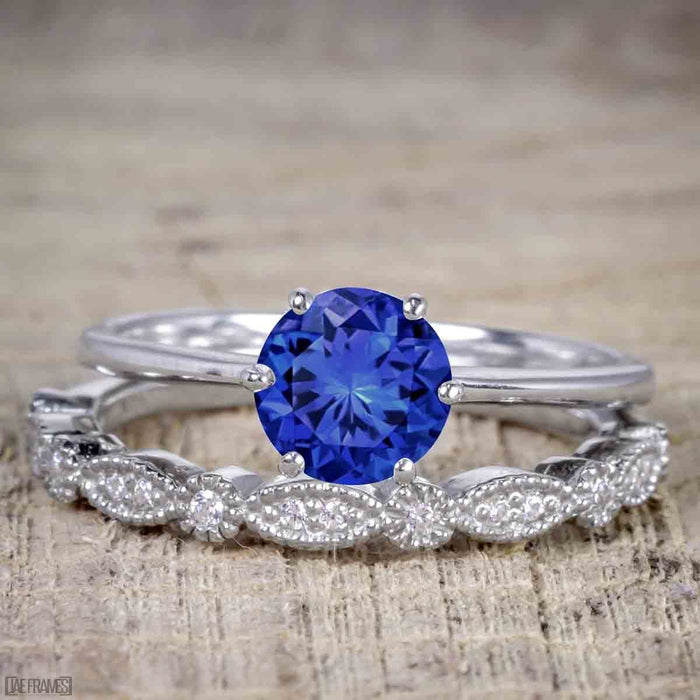 Art Deco 1.50 Carat Round Cut Sapphire and Diamond Trio Wedding Ring Set White Gold