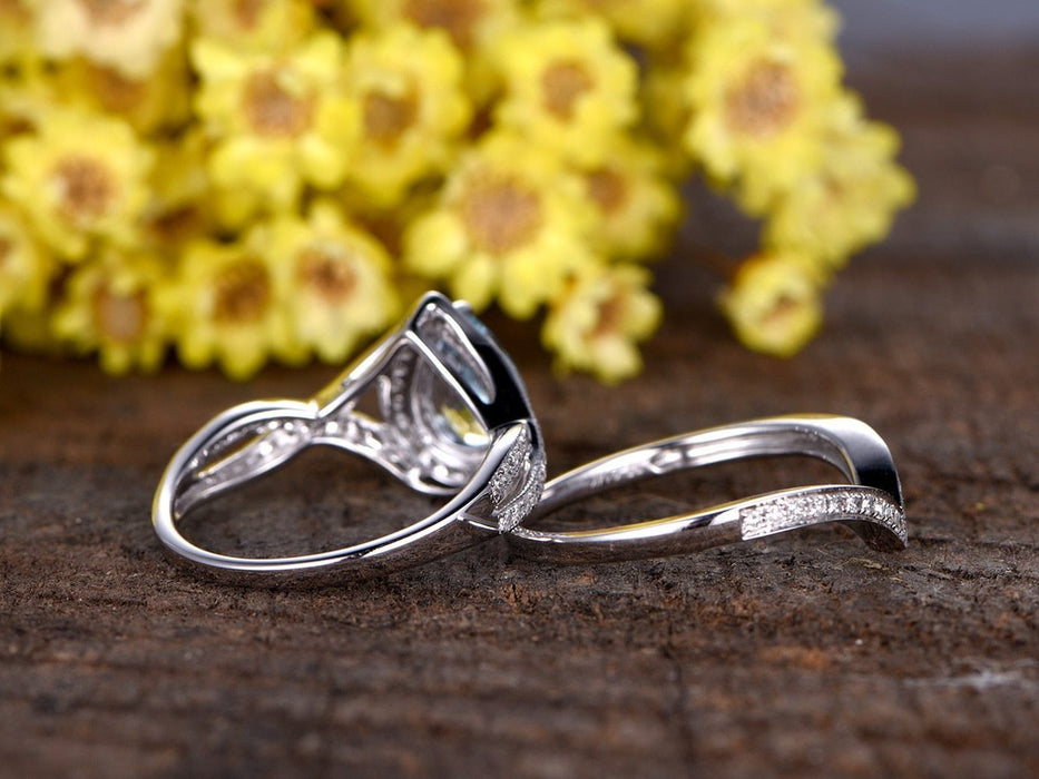 2 Carat Pear Cut Aquamarine and Diamond Wedding Ring Set in White Gold