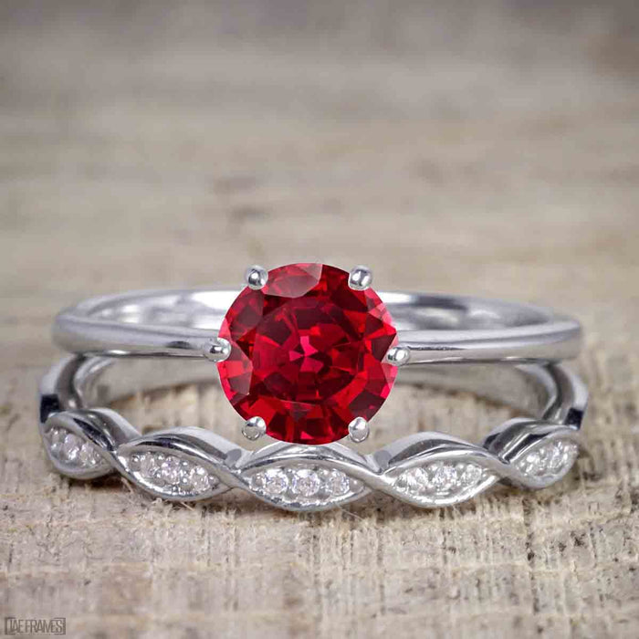 Bestselling 1.50 Carat Round cut Ruby and Diamond Trio Wedding Ring Set in White Gold