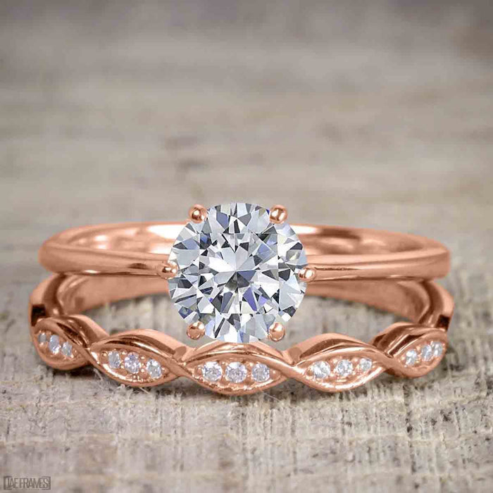 1.25 Carat Round Cut Moissanite and Diamond Wedding Ring Set in Rose Gold