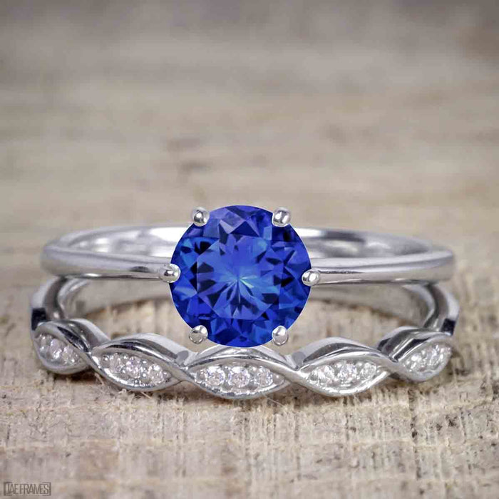 1.25 Carat Round Cut Sapphire and Diamond Wedding Ring Set in White Gold