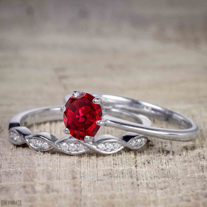 1.25 Carat Round cut Ruby and Diamond Wedding Ring Set in White Gold