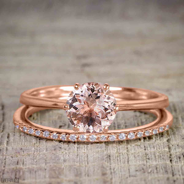 Perfect 1.25 Carat Round Cut Morganite and Diamond Bridal Ring Set in Rose Gold