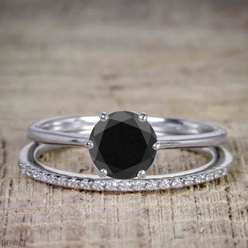 Perfect 1.25 Carat Round Cut Black Diamond Bridal Ring Set in White Gold