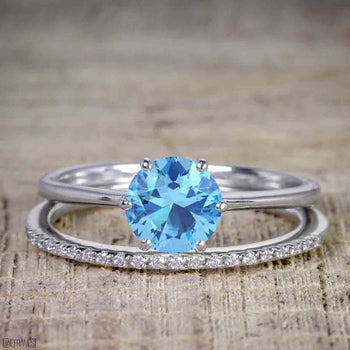 Perfect 1.25 Carat Round Cut Aquamarine and Diamond Bridal Ring Set in White Gold