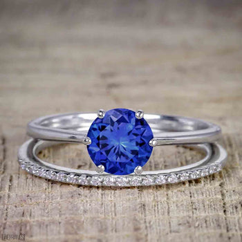 Perfect 1.25 Carat Round Cut Sapphire and Diamond Bridal Ring Set in White Gold