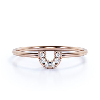 U Shaped Stacking Ring with Round Cut Diamonds in Rose Gold