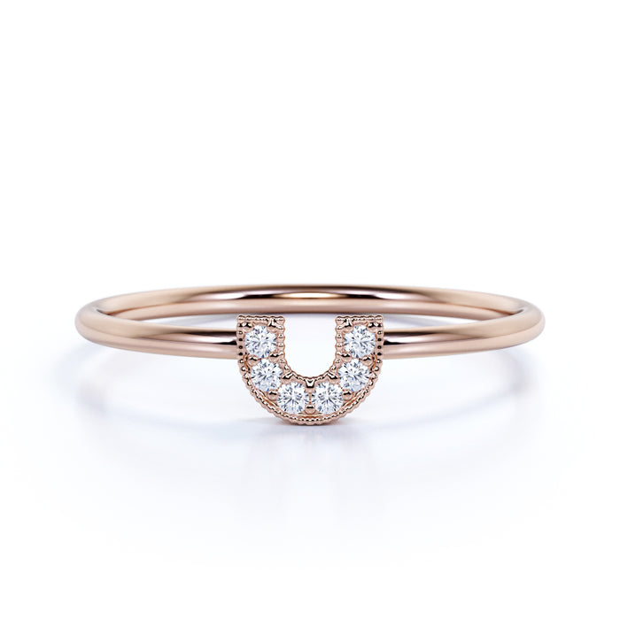 U Shaped Stacking Ring with Round Cut Diamonds in Rose Gold
