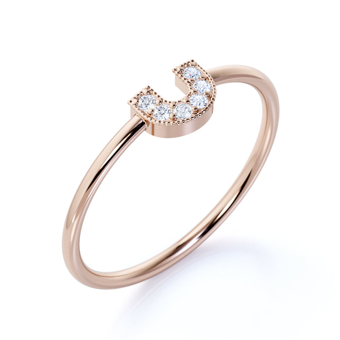 U Shaped Stacking Ring with Round Cut Diamonds in Rose Gold