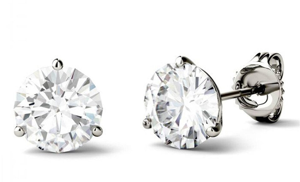 Classic 3 Prong 2 Carat Round Cut Moissanite Stud Earrings in White Gold