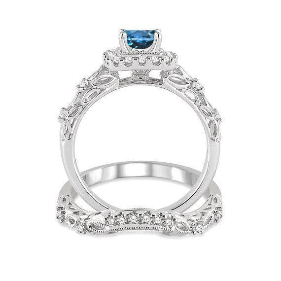 Antique design 2 Carat princess cut Aquamarine and Diamond Wedding Set in White Gold