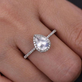 Pave Setting 1.50 Carat Pear Shape Blue Moonstone and Diamond Halo Engagement Ring in White Gold