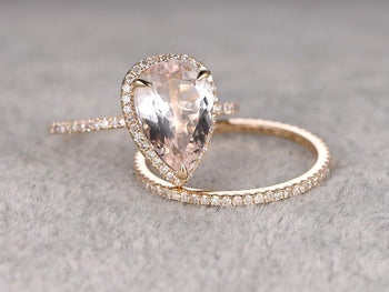Big 3 Carat Pear Cut Morganite and Diamond Bridal Ring Set in Yellow Gold