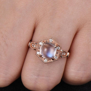 Vintage Style 1.50 Carat Cabochon Cut Rainbow Moonstone and Diamond Engagement Ring in Rose Gold