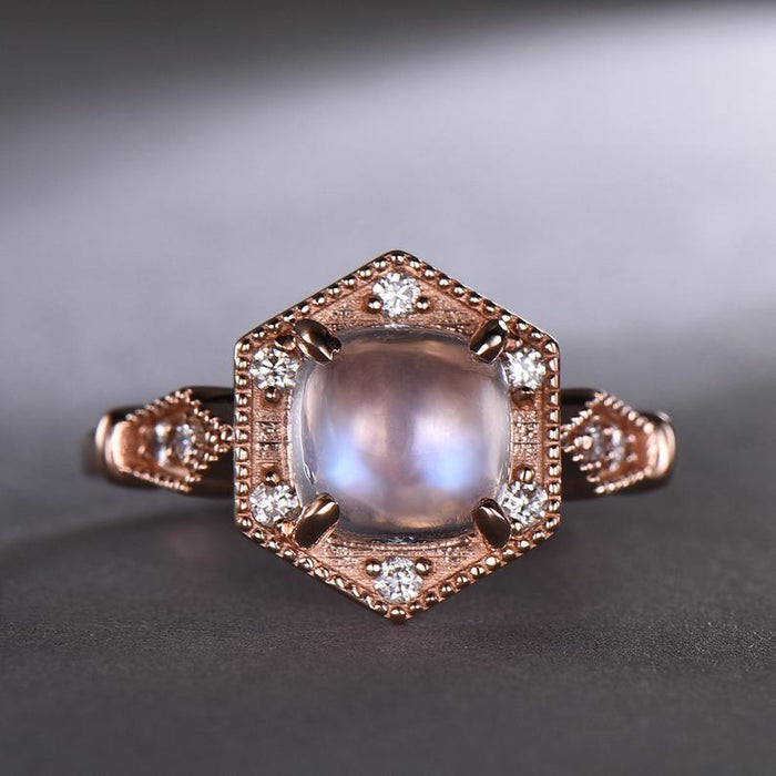 Vintage Style 1.50 Carat Cabochon Cut Rainbow Moonstone and Diamond Engagement Ring in Rose Gold