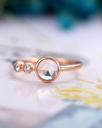 Trilogy Bezel 1.10 Carat Round Cut Rainbow Moonstone and Diamond 3 Stone Engagement Ring in Rose Gold