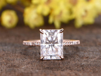 1.25 Carat Emerald Cut Moissanite and Diamond Wedding Ring in Rose Gold